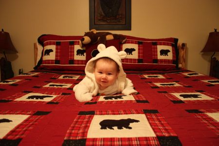 First things first, Maile laid claim to the big bed - conveniently themed to match her bear outfit...