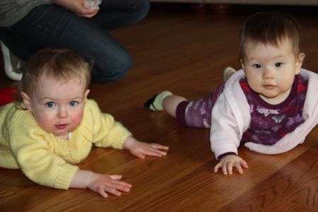 Maggie is a really good friend - even though she can walk and everything, she got down on the floor and tried to show me how to crawl.