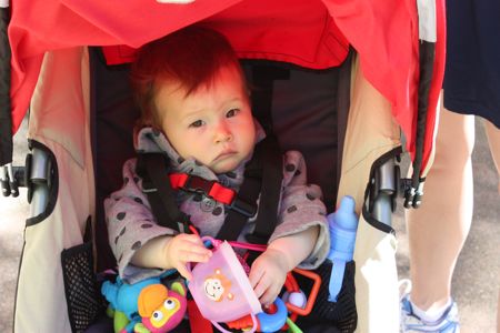 Blue monkey. Check. Cheerios. Check. Water bottle. Check. Other play things. Check. Okay, I'm ready to go exercise!