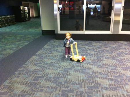 Baggage claim area is clear, Daddy. No Mommy to be found.