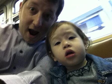 Daddy and I on the bus, I'm in shock, which is why my mouth is open like that...