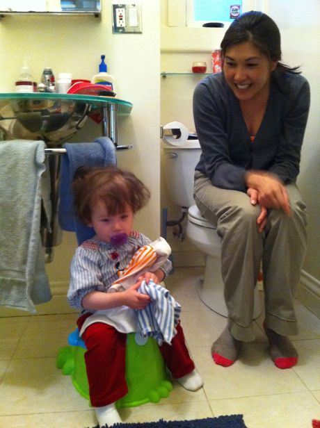 With her bunnies keeping her company, Maile Girl tries out the potty for the very first time!