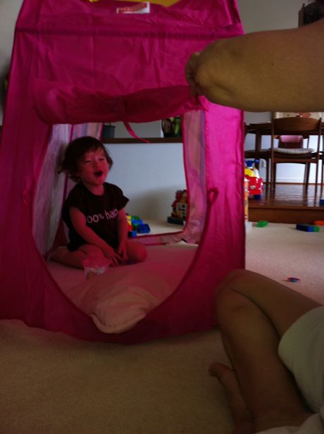 Back at home Papa Cal helped me setup a pink tent in the living room. Let me repeat that: I have a PINK TENT IN THE LIVING ROOM! So cool.