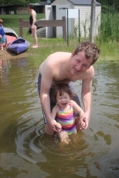 Swimming(!) with Daddy - not quite Hawaii waters, but we still had fun!