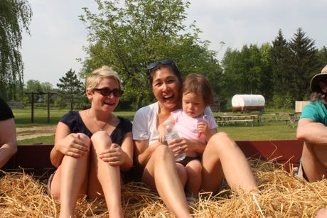 Auntie Elyssa, Mommy and Maile enjoy a hay ride (Daddy opted out due to his allergies ... truth.)