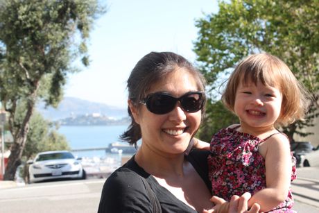 Maile and Mommy with Alcatraz in the background at Hyde and Chestnut