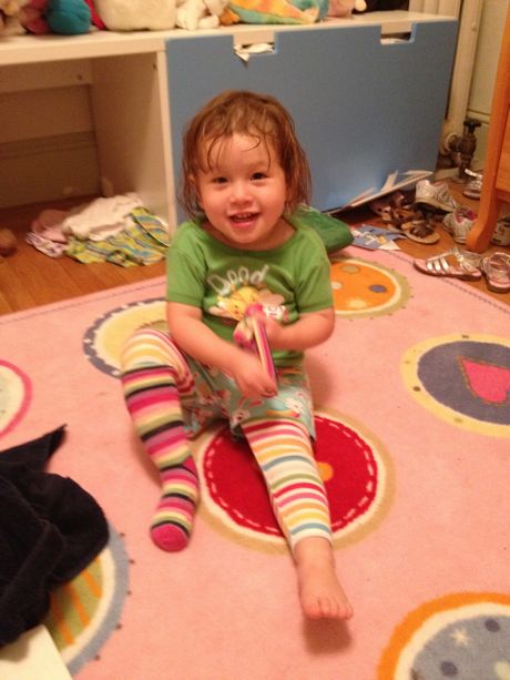 Daddy, don't these rainbow stripe socks look beautiful with my rainbow striped pants? Yes, Maile, yes they do.