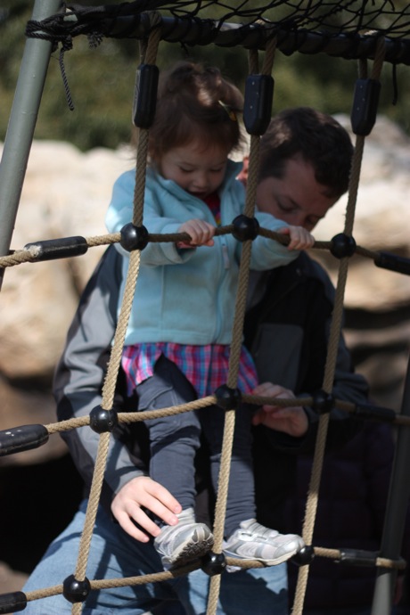 Teaching Maile how to climb a rope ladder - reach, step, step, reach...