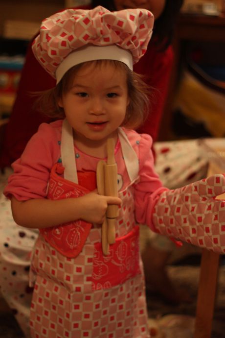 Maile received a lot of wonderful presents, but so far the chef gear from Auntie Elyssa is the big winner - she's barely taken it off since she opened it. Which is fine by us, because she's super cute in it and I think it's raised the level on her wood grilled cheese...