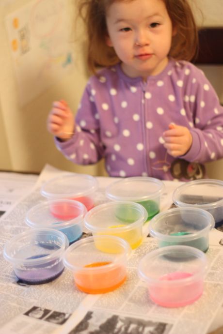 Getting ready to paint the eggs - look at all the pretty colors Mommy put together!