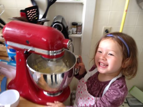 Mommy, I think the batter is all mixed - let's get ready to pour it...