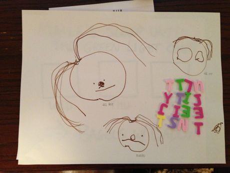 It was GG Irv's birthday today, so Maile made him a card showing portraits of GG Irv, GG Bea and Maile. GG Irv is wearing glasses, that is why his eyes are big.