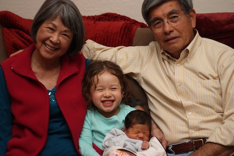 Grandma Gail, Papa Cal, Maile (3.5) and Lauren (4 days)