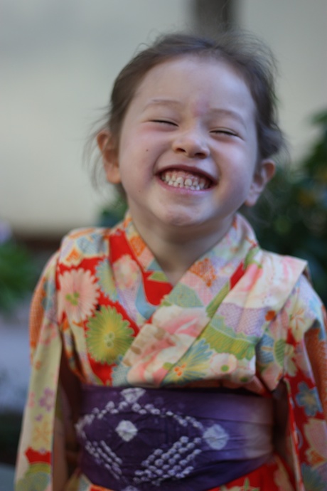 Maile now has a big girl kimono that was also a hand me down from Christine's family - and she has a big girl 3 year old smile to match...