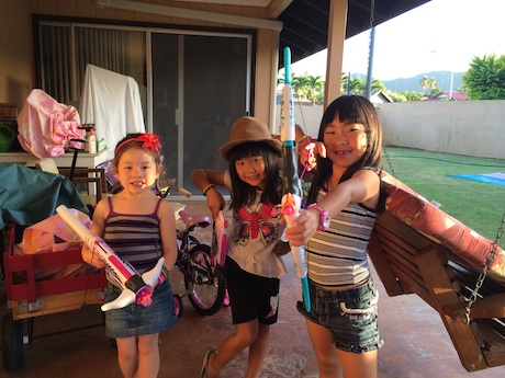 And we pretended we were Hawaiian warriors with the toys Uncle Steve got for Katie and Emily...