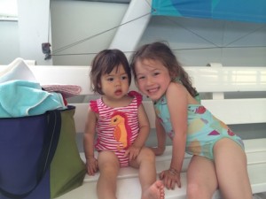 The girls ready for some swimming - as you can see Lauren is a little curious about what is about to happen...