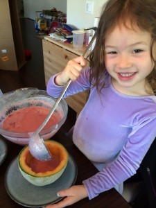 After you get the bowls done, you just need to pour in the soup! (Daddy made it the night before so it was all chilled and ready to rock...)