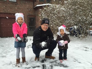 When the real snow came, Papa headed out with the girls to show them how a snowman is done right...