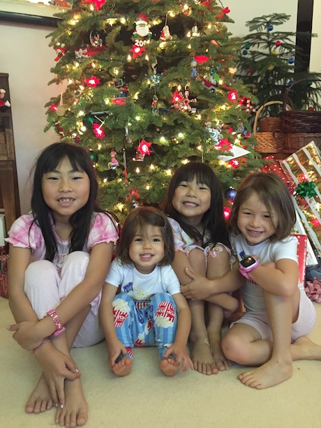 Katie (8), Lauren (almost 2), Emily (6), Maile (5.5) - one last picture in front of the tree with all the presents before tearing it all apart...