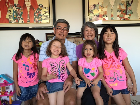 Grandma Gail and Papa Cal with their girls, Emily (6.5), Maile (5.5), Lauren (2), Katie (8.5) - all in their homemade shirts :)