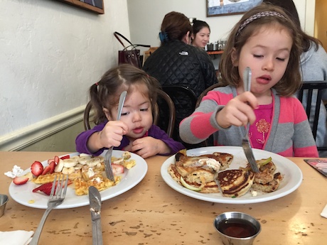 Digging in to a great breakfast - Lauren matched Maile's every move!