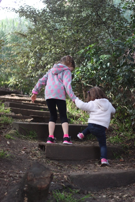 The steps were steep - that's where a helpful big sister comes in...