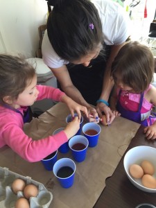 Mommy teaching the girls how to plan their egg dying...