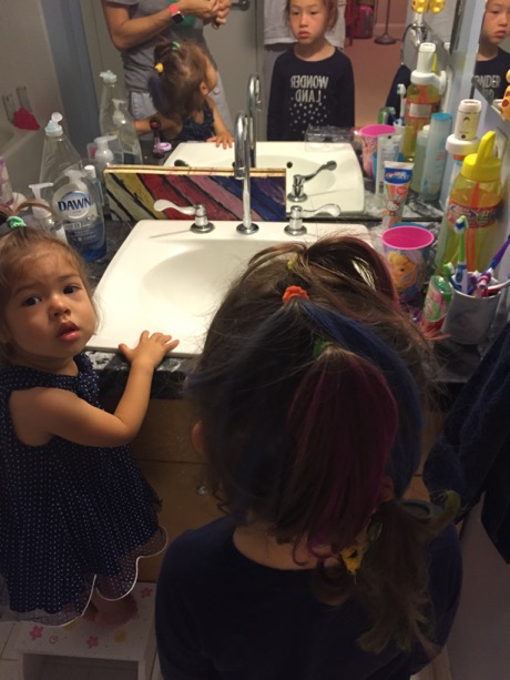 Things got pretty serious when we moved to the bathroom - needed to sort out exactly which braid got which color.