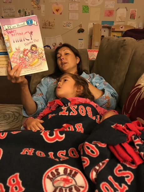 Did Lauren hear Mommy stirring when she got up early to make waffles? Of course she did ... and was rewarded with some quality time cuddling and book reading before the day really got going.