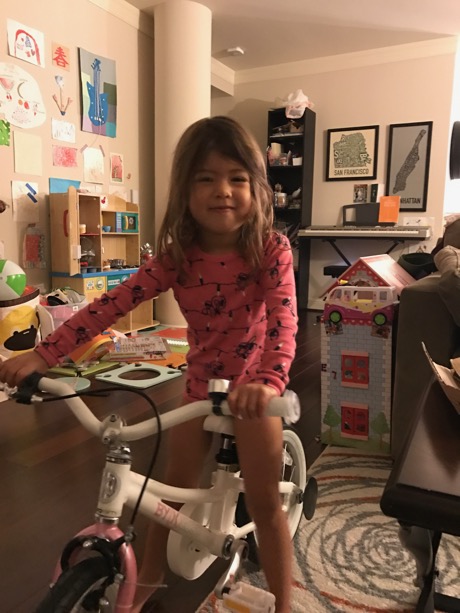 Lauren on her new bike - its raining, but she can't wait to get out and take it for a spin! Thank you Grandma and Papa Boston!
